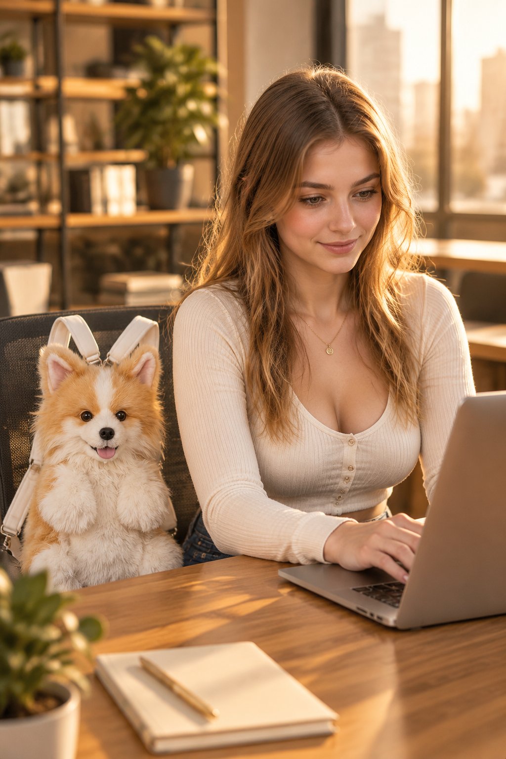 Corgi plush backpack at an office desk