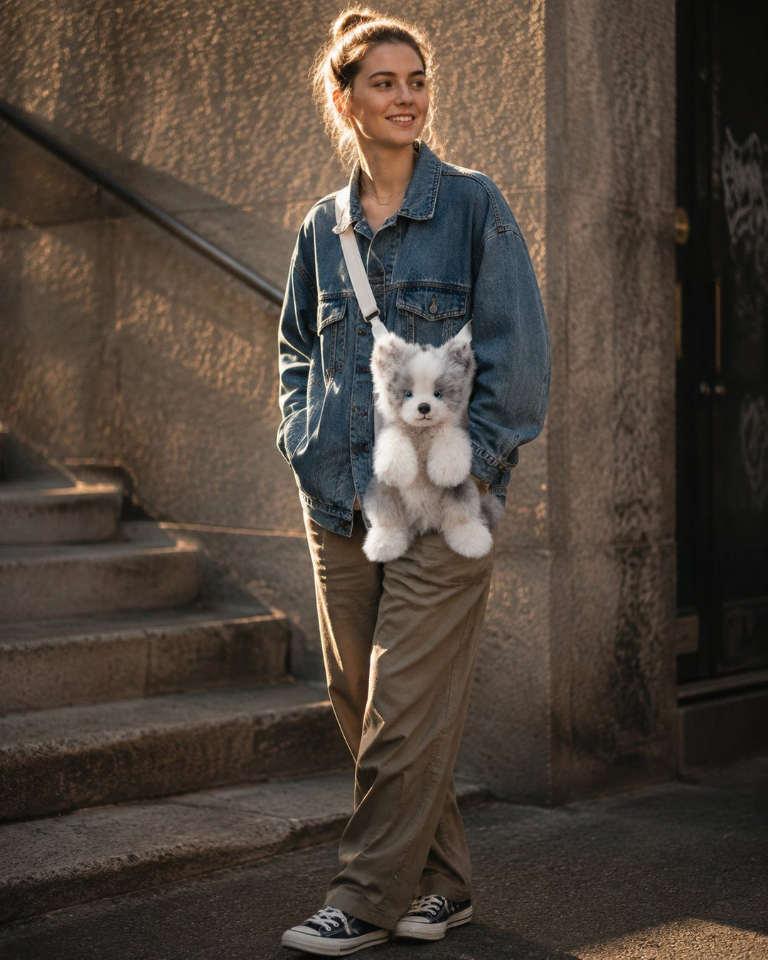 Street-style outfit photo featuring CHOBYNER plush accessories