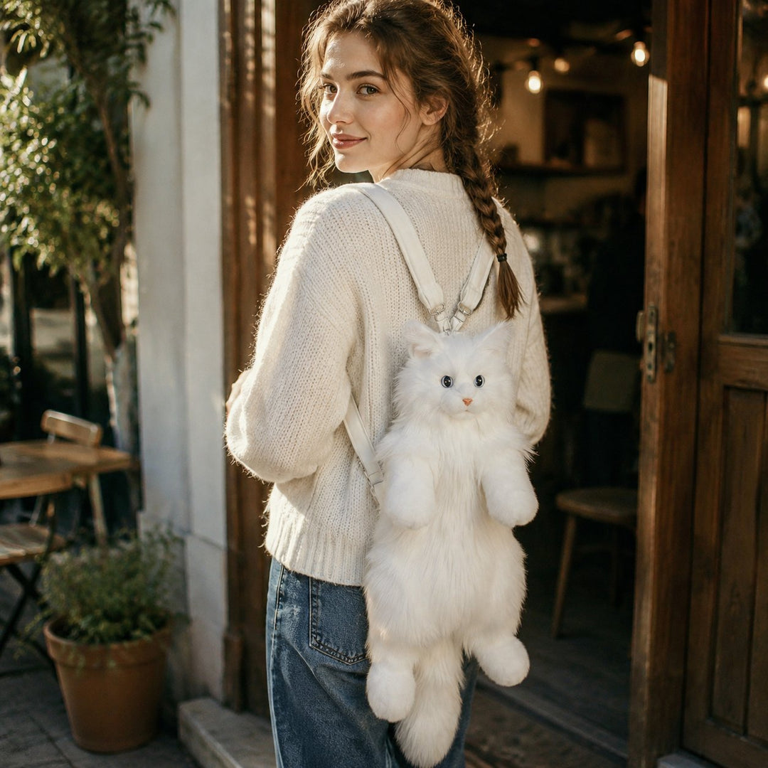 White cat plush backpack styled in a cafe scene