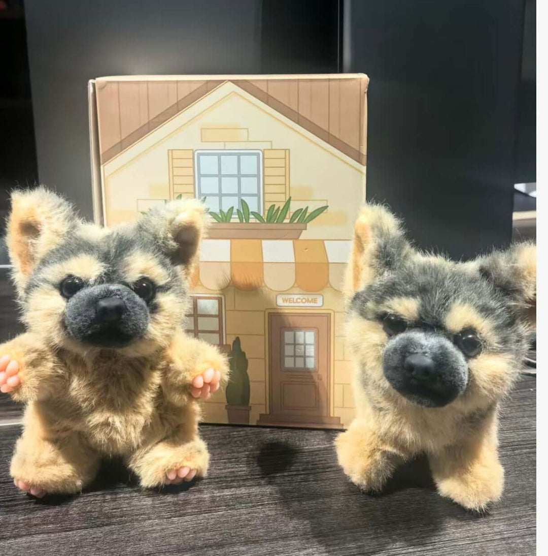 Seated and resting Mini German Shepherd bag charms posed with their gift box