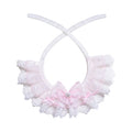 Pink heart mesh pet scarf with sequin dots and lace trim, white background, front view