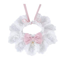 Sweet pink lace pet scarf with satin bow and pearl drop, white background, front view