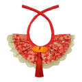 Festive red brocade pet scarf with gold lace trim and red tassels, white background, front view