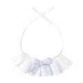 White eyelet cotton pet scarf with blue checkered bow, white background, front view