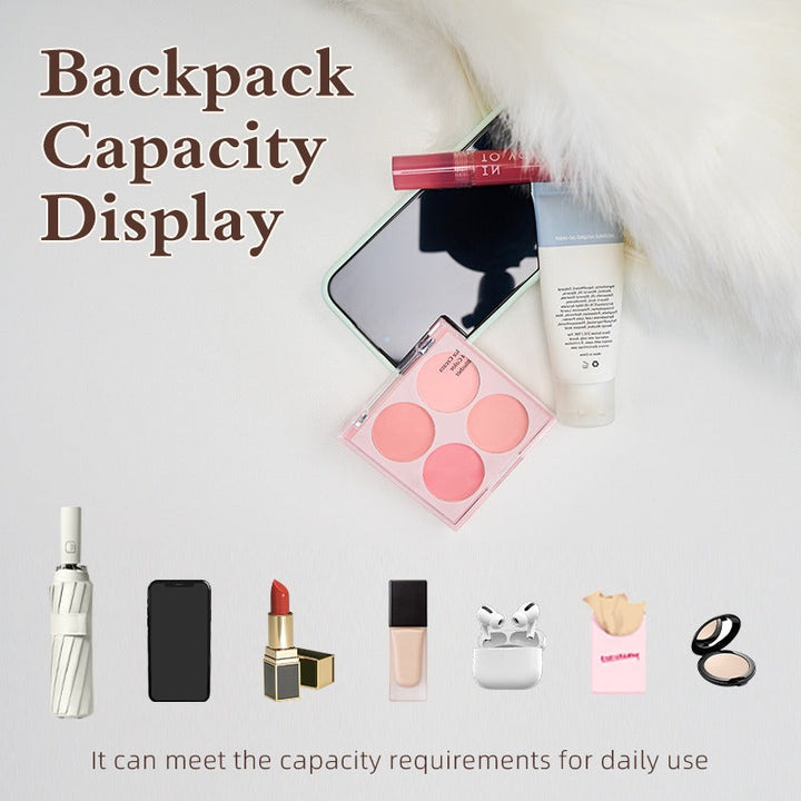 Calico Cat plush backpack capacity display with daily essentials