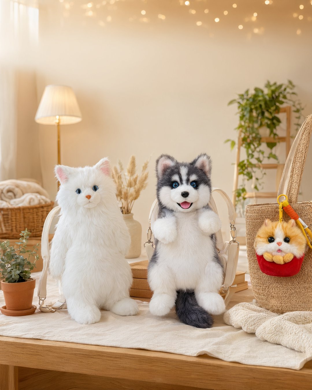 Lifelike plush cat backpack, husky backpack and orange cat bag charm in a cozy home scene