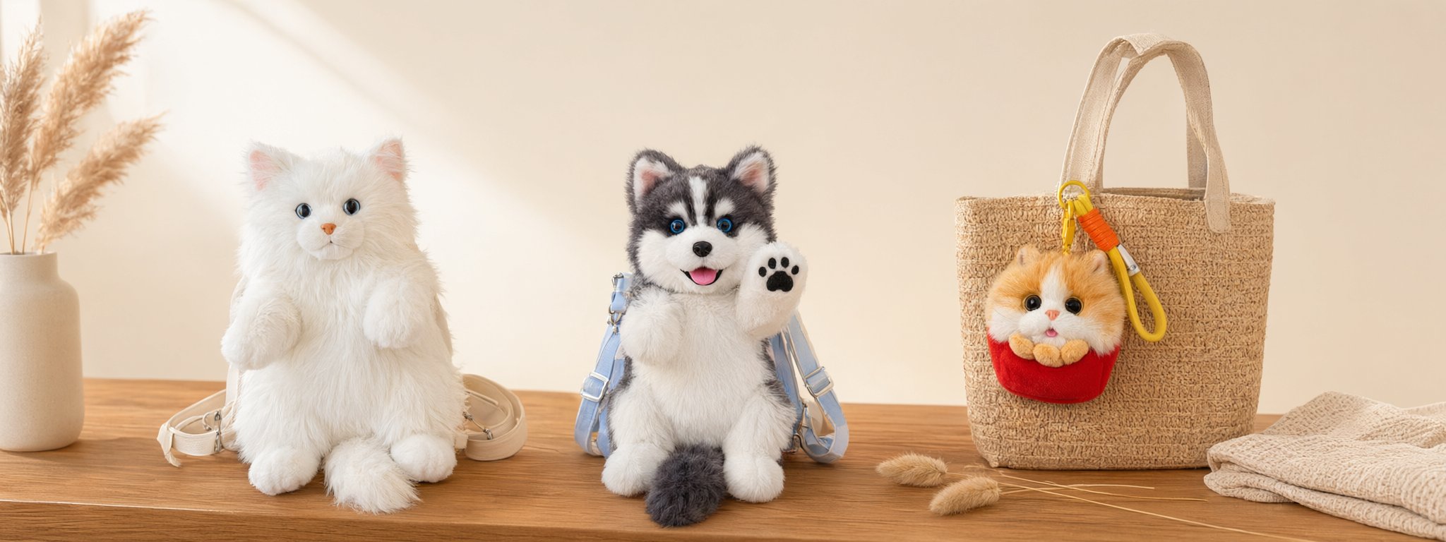 Lifelike plush cat backpack, husky backpack and orange cat bag charm lineup