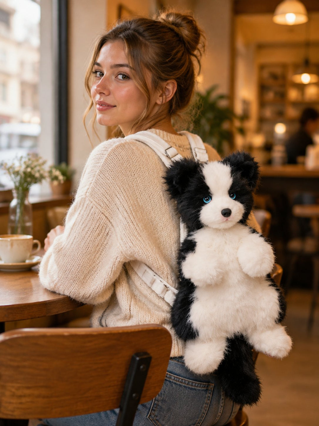 Guest wearing a border collie plush backpack inside a pet-free cafe