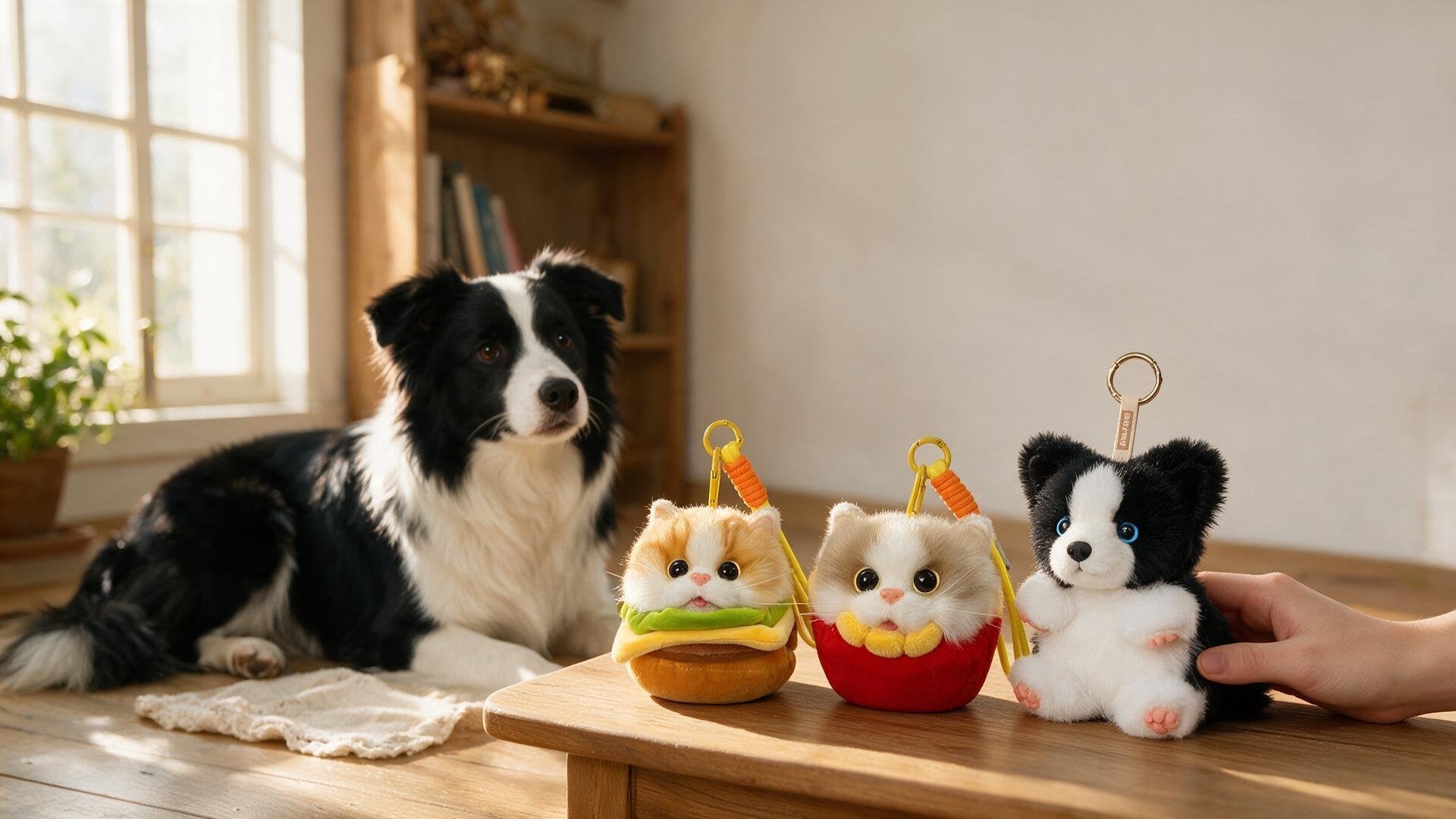 Hero: border collie with plush charms on warm wooden table - Find Its Twin landing hero
