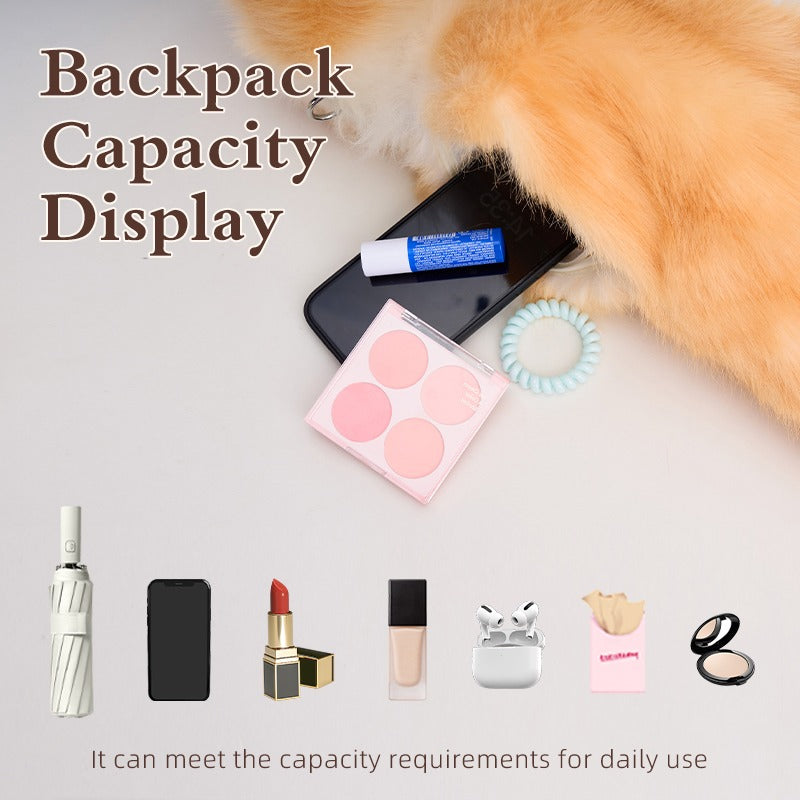 Corgi plush backpack capacity display with daily essentials