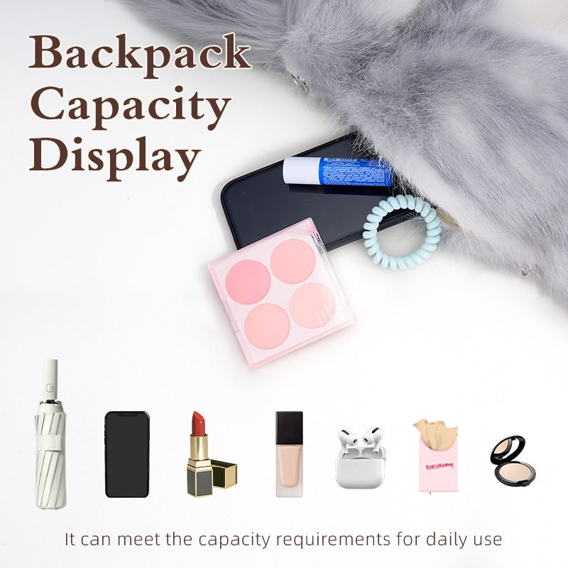 Fluffy Angora Rabbit plush backpack capacity display with daily essentials
