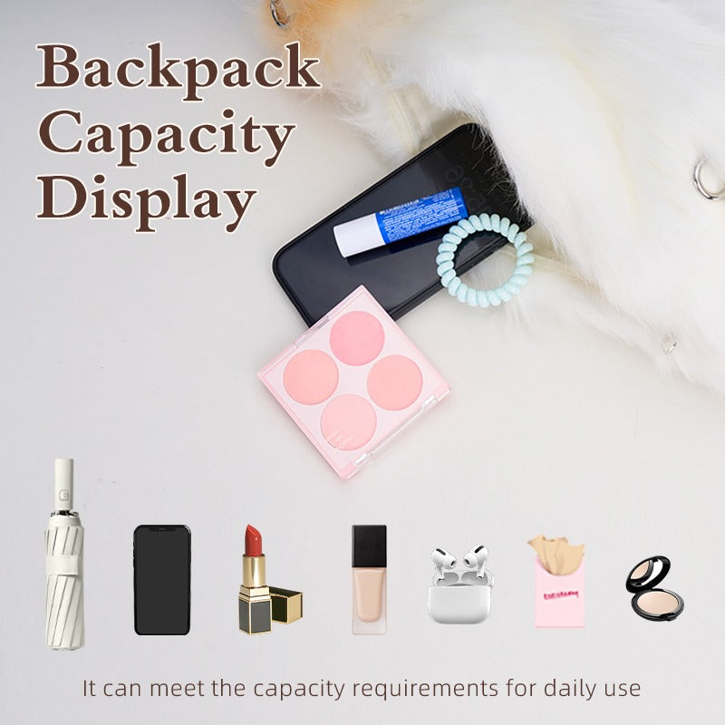 Minimalist Calico Cat plush backpack capacity display with daily essentials