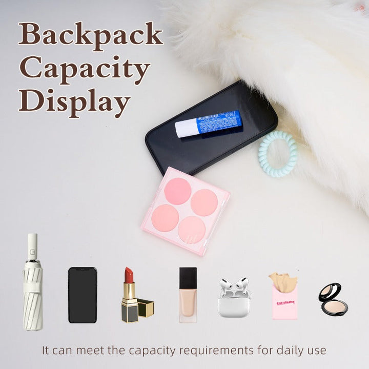 Odd-Eyed White Cat plush backpack capacity display with daily essentials