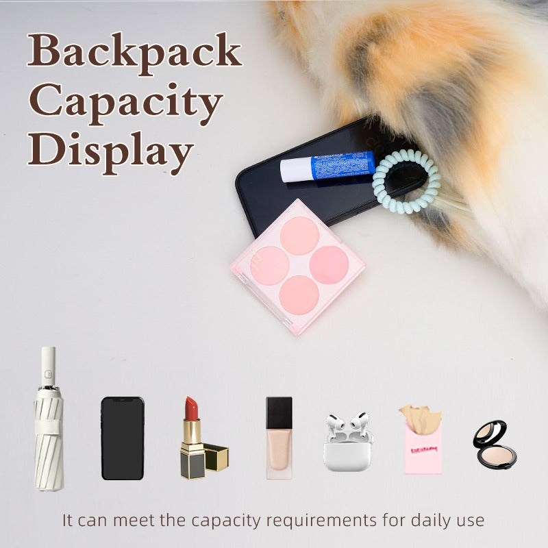Playful Calico Cat plush backpack capacity display with daily essentials