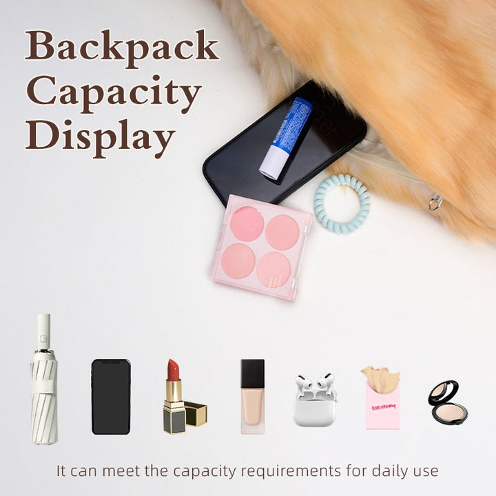 Playful Long-Haired Orange Cat plush backpack capacity display with daily essentials