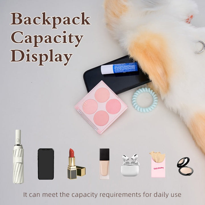 Sitting Calico Cat plush backpack capacity display with daily essentials