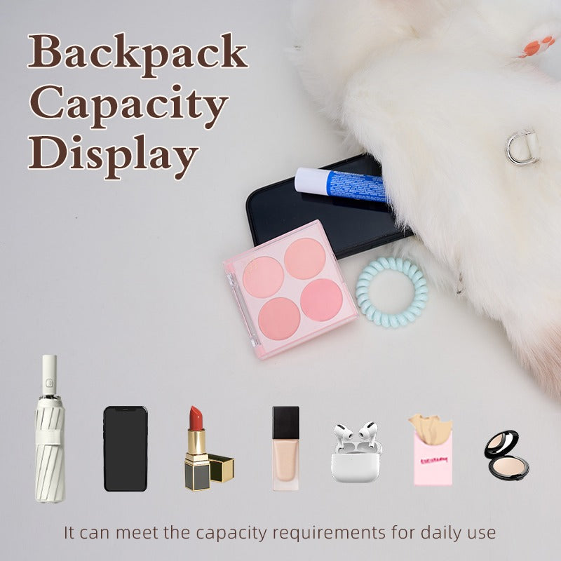 Sitting Ragdoll Cat plush backpack capacity display with daily essentials