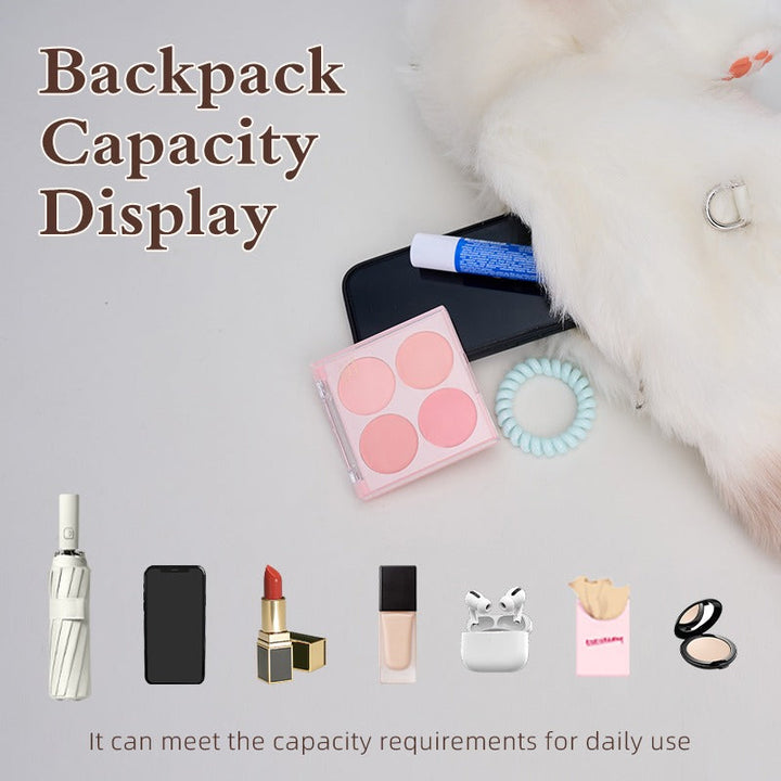 Sitting Ragdoll Cat plush backpack capacity display with daily essentials